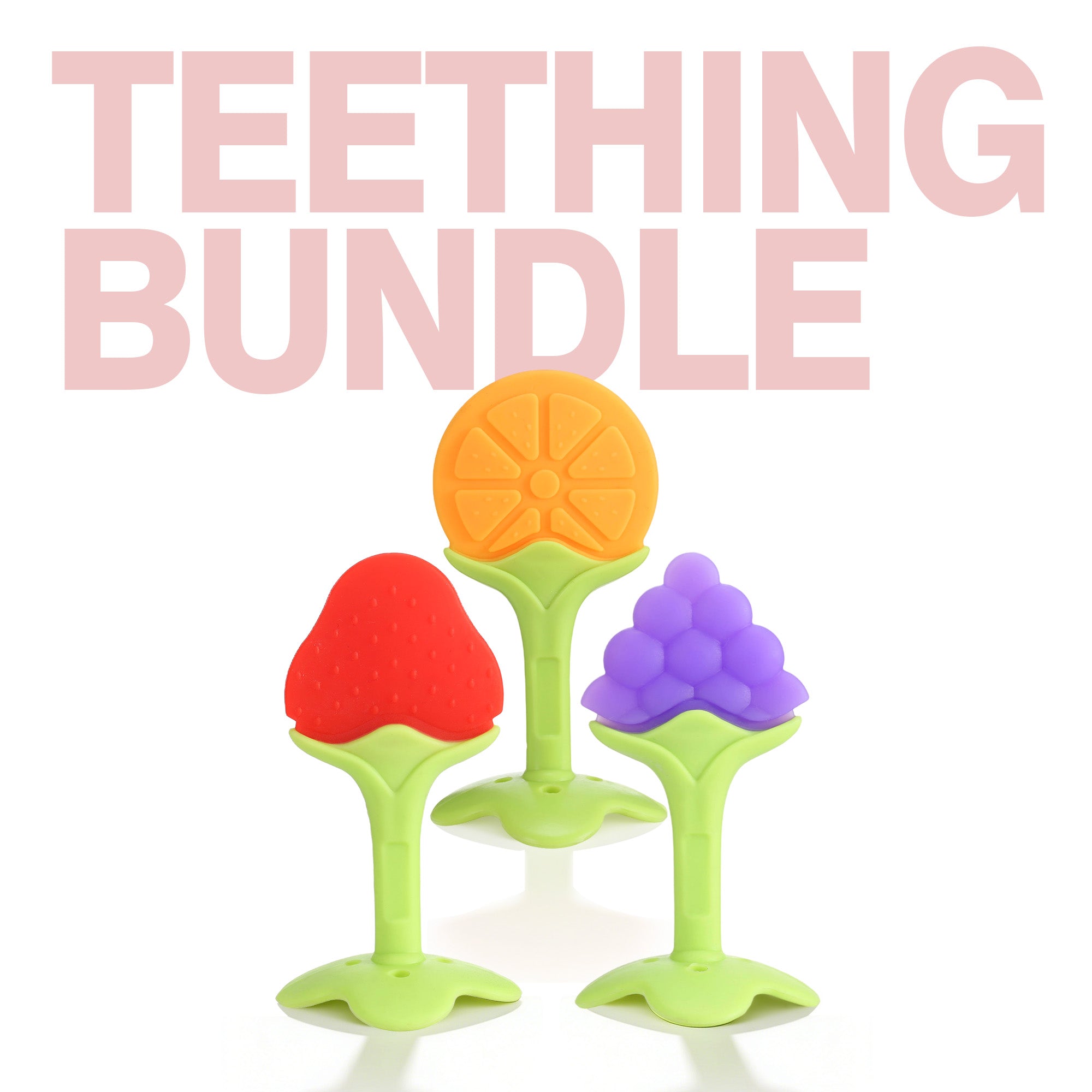 The 3-Pack Fruit Silicone Teethers (Strawberry, Orange, Grape) offers adorable, soothing teething toys for babies with easy-to-hold green handles—perfect for gentle relief.