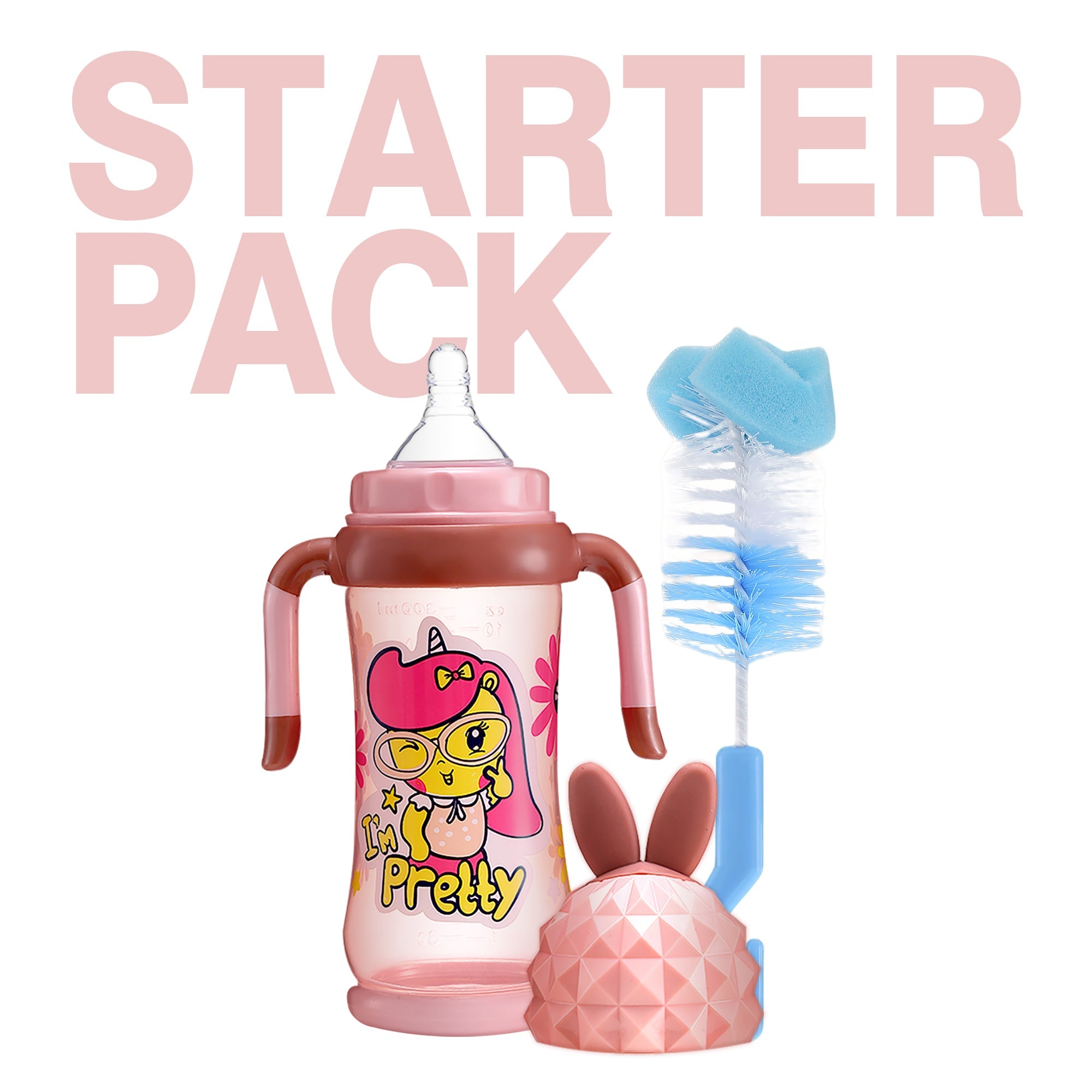 Basic Baby Feeding Set | Bunny Gem Cap Bottle + Bottle Brushes | BPA Free PP+Silicone - littlefishbaby